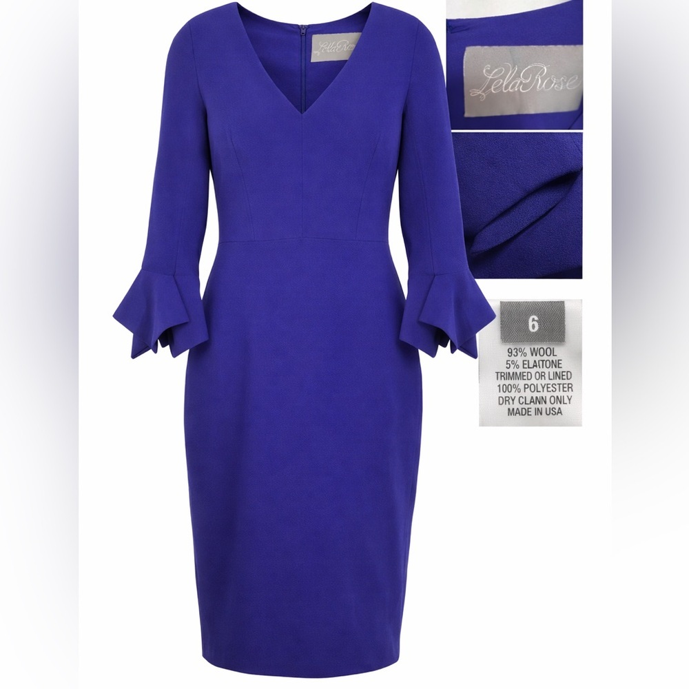 Lela Rose Blue Wool Midi Sheath Dress Size 6 NWOT Designer Luxury Classic